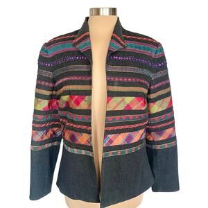 Coldwater Creek Open Front Cotton Blazer Geometric Stripes Beads Sequins Sz 12